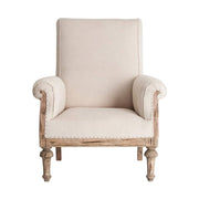 Prémium kategóriás, gyarmati stílusú, újrahasznosított trópusi fából készült, ekrü színű szövettel kárpitozott fotel szembenézeti képe