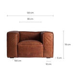 Prémium kategóriás, kortárs loft stílusú, vintage dohány színű marhabőrrel kárpitozott, óriás méretű, 116 cm hosszú kézműves bőrfotel méretekkel ellátott képe