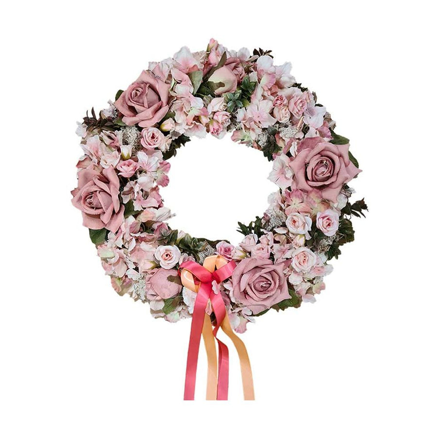 Élethű mesterséges művirágokból készült, szaténszalagokkal díszített nagyméretű ajtókopogtató koszorú