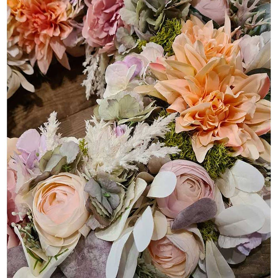 Exkluzív, prémium minőségű, élethű mesterséges művirágokból készült, nagyméretű ajtókopogtató koszorú 