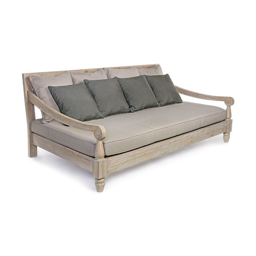 Prémium kategóriás, orientál stílusú 4 személyes  teakfa kanapé szürke párnákkal