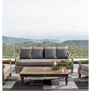 Prémium kategóriás, orientál stílusú 4 személyes  teakfa kanapé szürke párnákkal