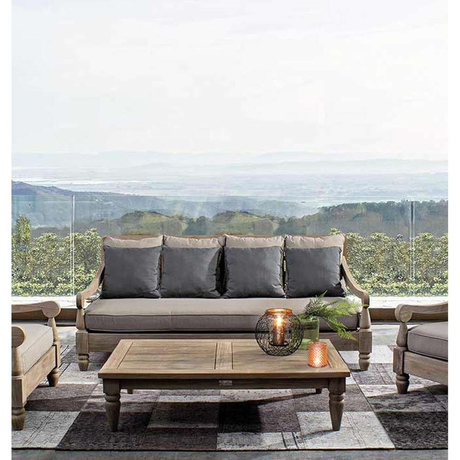 Prémium kategóriás, orientál stílusú 4 személyes  teakfa kanapé szürke párnákkal