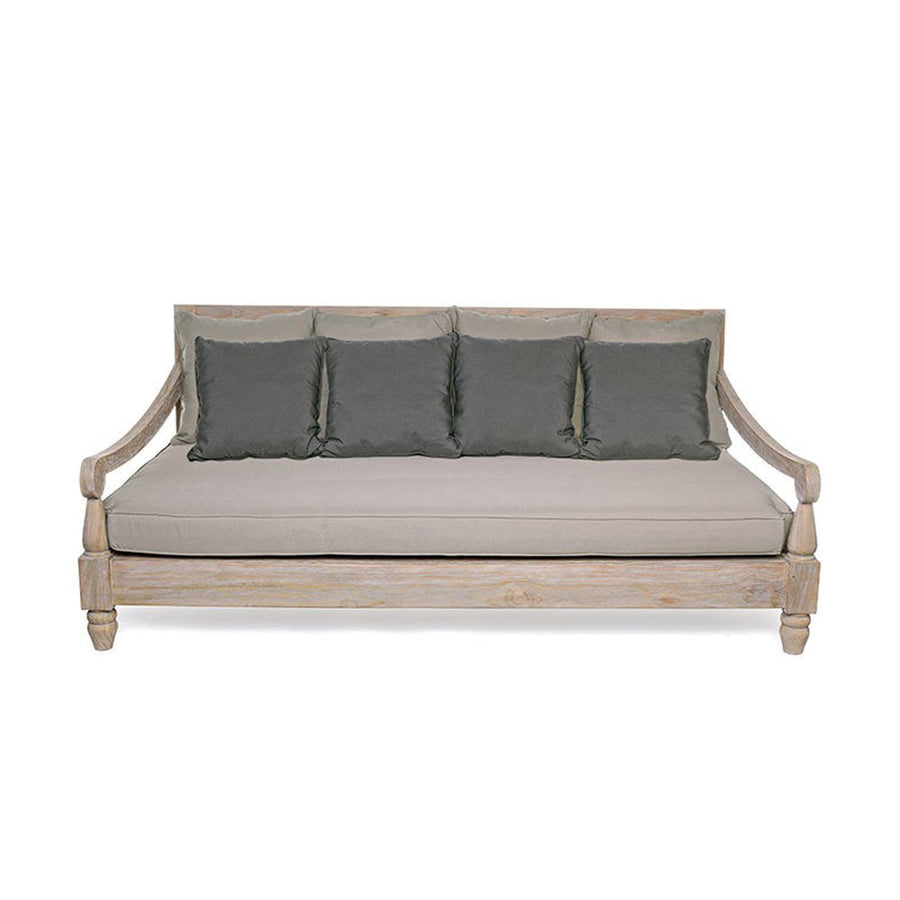 Prémium kategóriás, orientál stílusú 4 személyes  teakfa kanapé szürke párnákkal