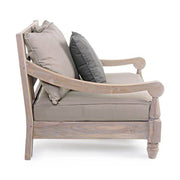 Prémium teakfa kültéri fotel. Homokfúvással és antikolt vízbázisú festékkel kezelve. A harmóniát a bézs színű ülőpárnák, és a sötétszürke díszpárna teszi teljessé.