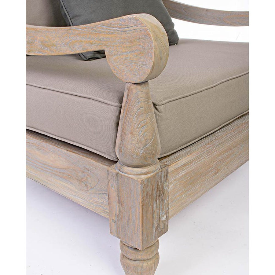 Prémium kategóriás, orientál stílusú teakfa fotel szürke párnákkal.