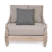 Prémium teakfa kültéri fotel. Homokfúvással és antikolt vízbázisú festékkel kezelve. A harmóniát a bézs színű ülőpárnák, és a sötétszürke díszpárna teszi teljessé.