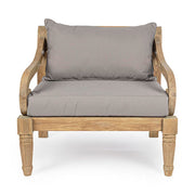 Prémium kategóriás, orientál stílusú teakfa fotel szürke párnákkal.