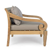 Prémium kategóriás, orientál stílusú teakfa fotel szürke párnákkal.