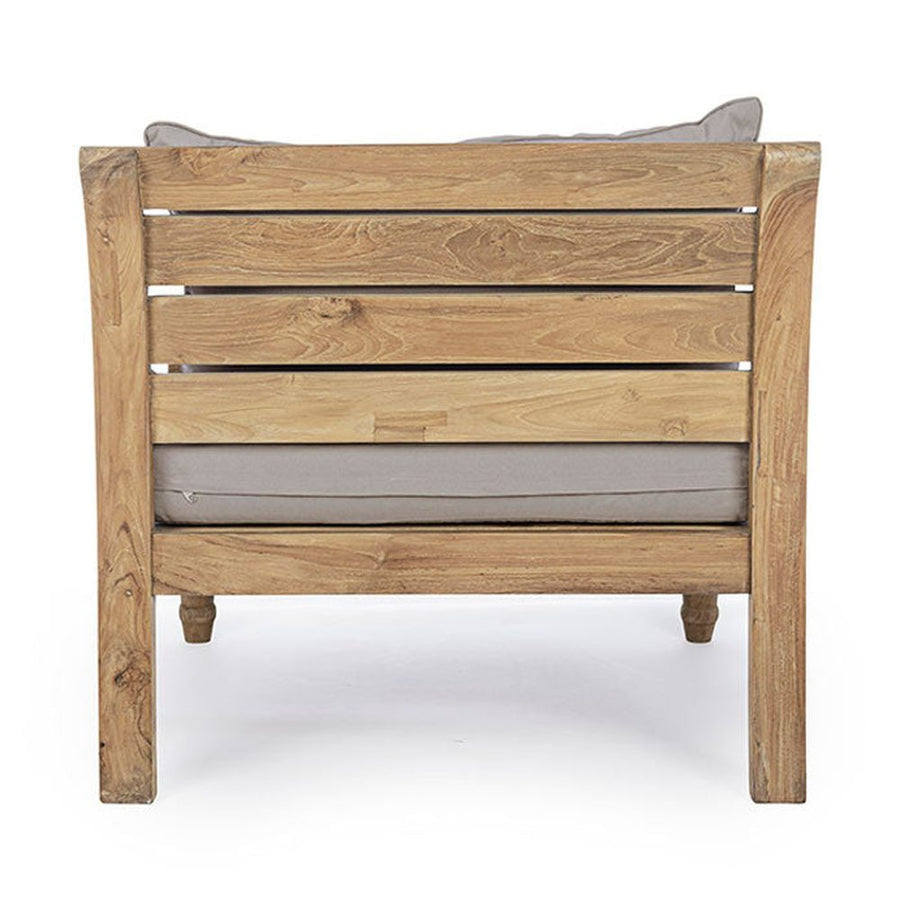 Prémium kategóriás, orientál stílusú teakfa fotel szürke párnákkal.