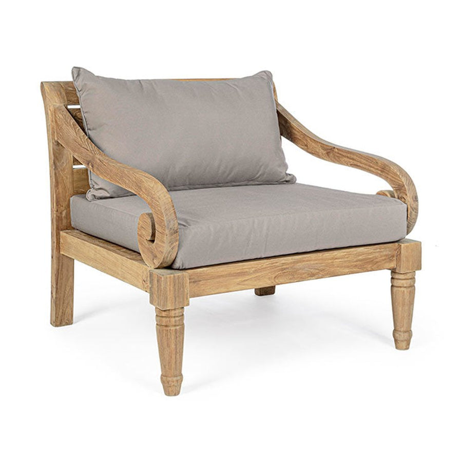 Prémium kategóriás, orientál stílusú teakfa fotel szürke párnákkal.