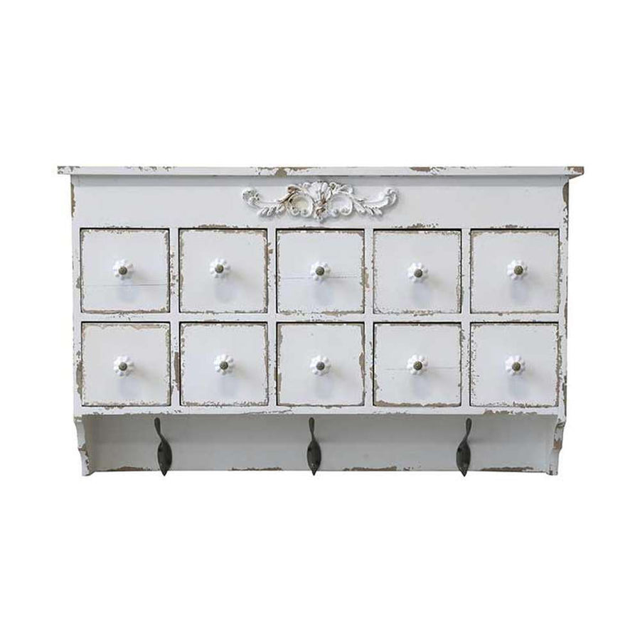 Provanszi stílusú, antik krémszínű, jegenyefenyőből készült fiókos szortírozó polc három darab fém fogassal.