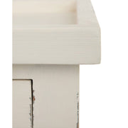 Provanszi stílusú, trópusi mindifából készült, faragott lábú, 72 cm hosszú, finoman antikolt, fehér színű fiókos konzolasztal sarka