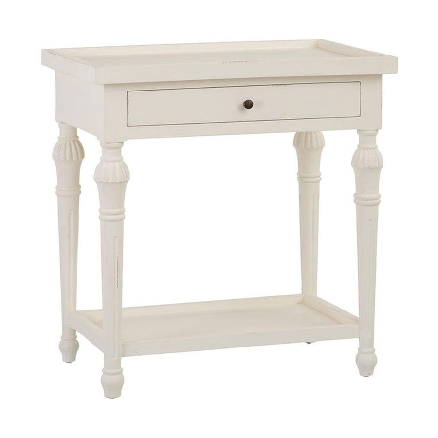 Provanszi stílusú, trópusi mindifából készült, faragott lábú, 72 cm hosszú, finoman antikolt, fehér színű fiókos konzolasztal