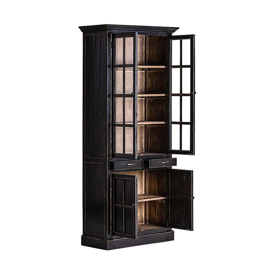 Prémium kategóriás, provanszi stílusú, szilfából készült, 90 cm hosszú és 211 cm magas rusztikus felületű, antik fekete színű vitrines szekrény