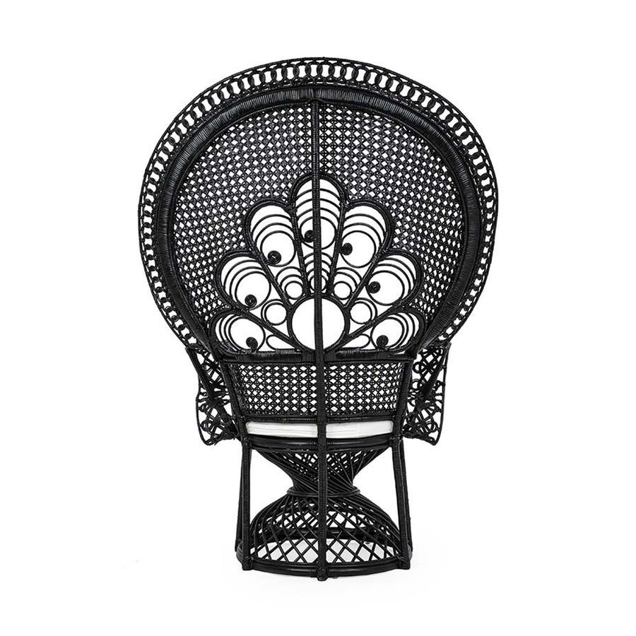 Valódi rattanból készült, fekete színű kézműves páva fotel, ekrü színű ülőpárnával.