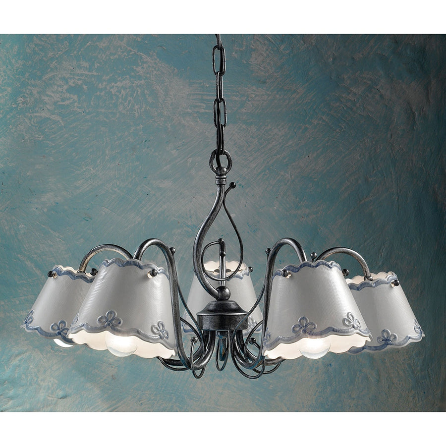 Mázas kerámiából és fémből készült, 5 karú kézműves csillár,