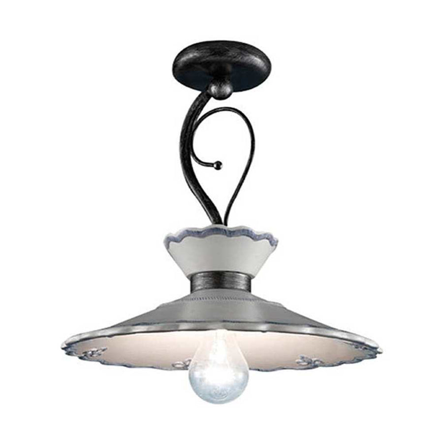 Mázas kerámiából és fémből készült, kézműves mennyezeti lámpa.