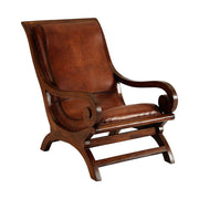 Teakfából és barnaszínű valódi cserzett vintage marhabőrből készült, régens stílusú relaxációs pihenőszék.