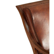 Teakfából és barnaszínű valódi cserzett vintage marhabőrből készült, régens stílusú relaxációs pihenőszék.