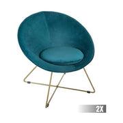 2 db modern retro stílusú, olajkék színű bársonnyal kárpitozott fotel, arany színű fém lábakkal