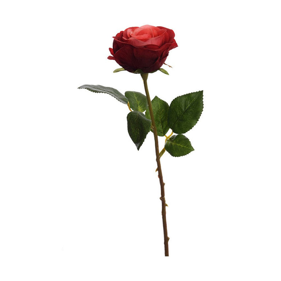 Bordó színű mű rózsa zöld színű levelekkel.