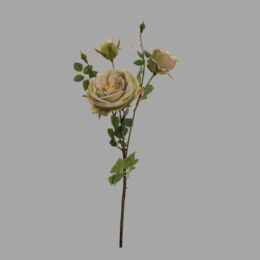 Vintage stílusú, fáradt zöld színárnyalatú, mesterséges mű rózsa ág.