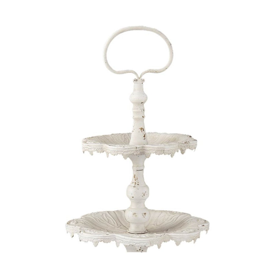 Shabby Chic stílusú, antikolt felületű, törtfehér színű, dombormintás, 3 szintes exkluzív, antikolt fehér színű süteményes kínáló közeli képe