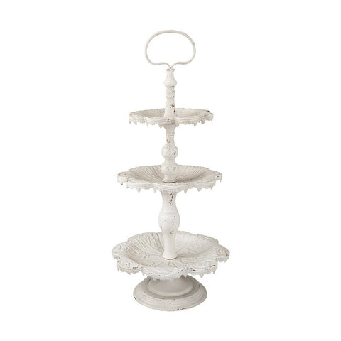 Shabby Chic stílusú, antikolt felületű, törtfehér színű, dombormintás, 3 szintes exkluzív süteményes kínáló