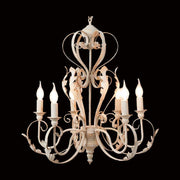 Shabby Chic stílusú, krém színű, antikolt felületű, fém akantuszlevelekkel díszített, 6 karú "Antoinette" fém csillár , világító gyertyaformájú izzókkal fekete háttér előtt 