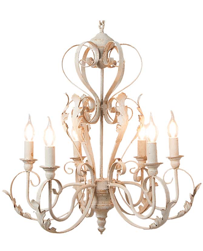 Shabby Chic stílusú, krém színű, antikolt felületű, fém akantuszlevelekkel díszített, 6 karú "Antoinette" fém csillár világító gyertyaformájú izzókkal