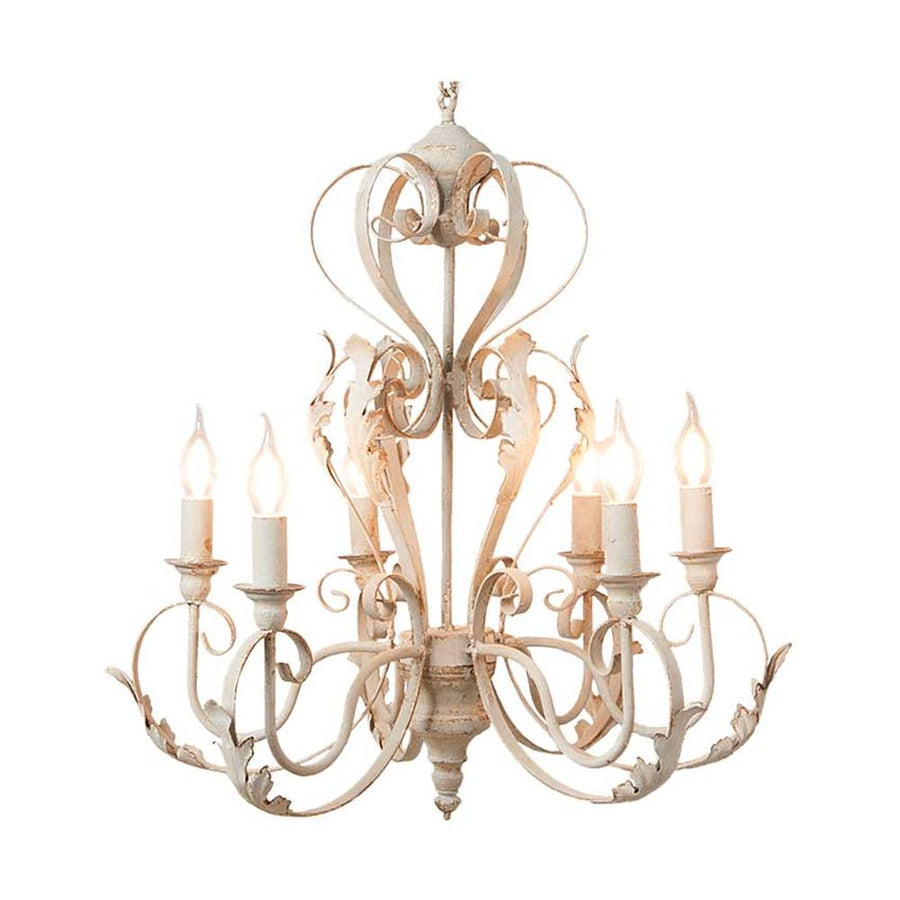 Shabby Chic stílusú, krém színű, antikolt felületű, fém akantuszlevelekkel díszített, 6 karú "Antoinette" fém csillár világító gyertyaformájú izzókkal