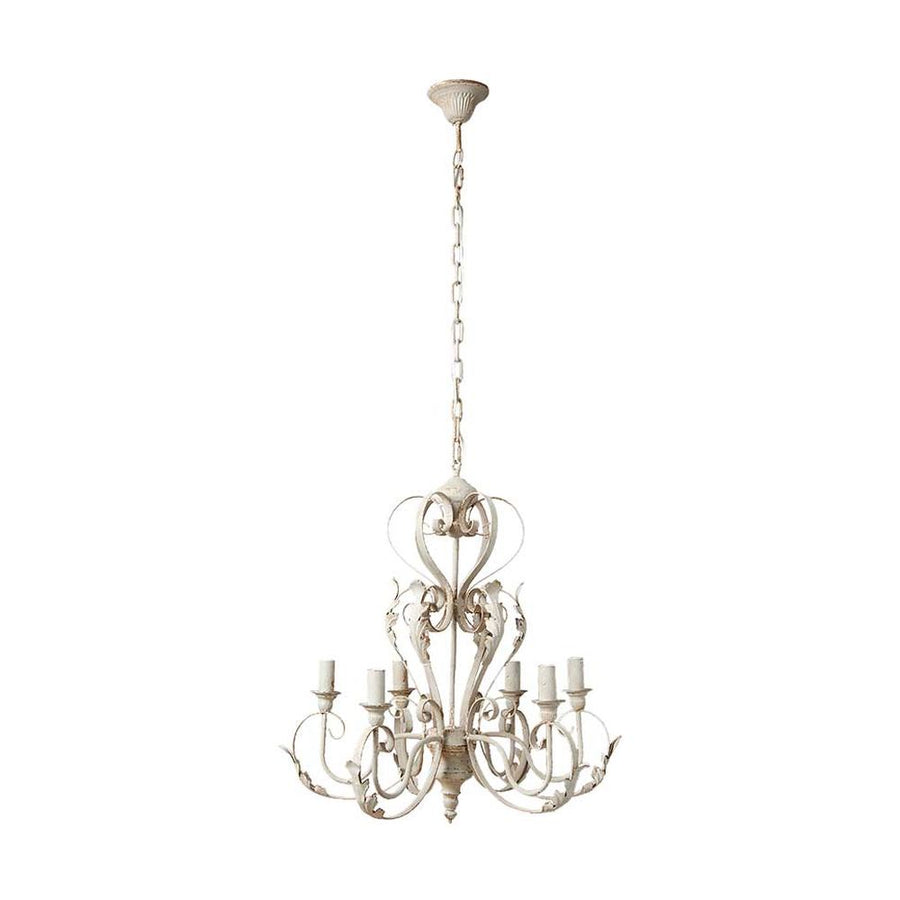 Shabby Chic stílusú, krém színű, antikolt felületű, fém akantuszlevelekkel díszített, 6 karú "Antoinette" fém csillár 