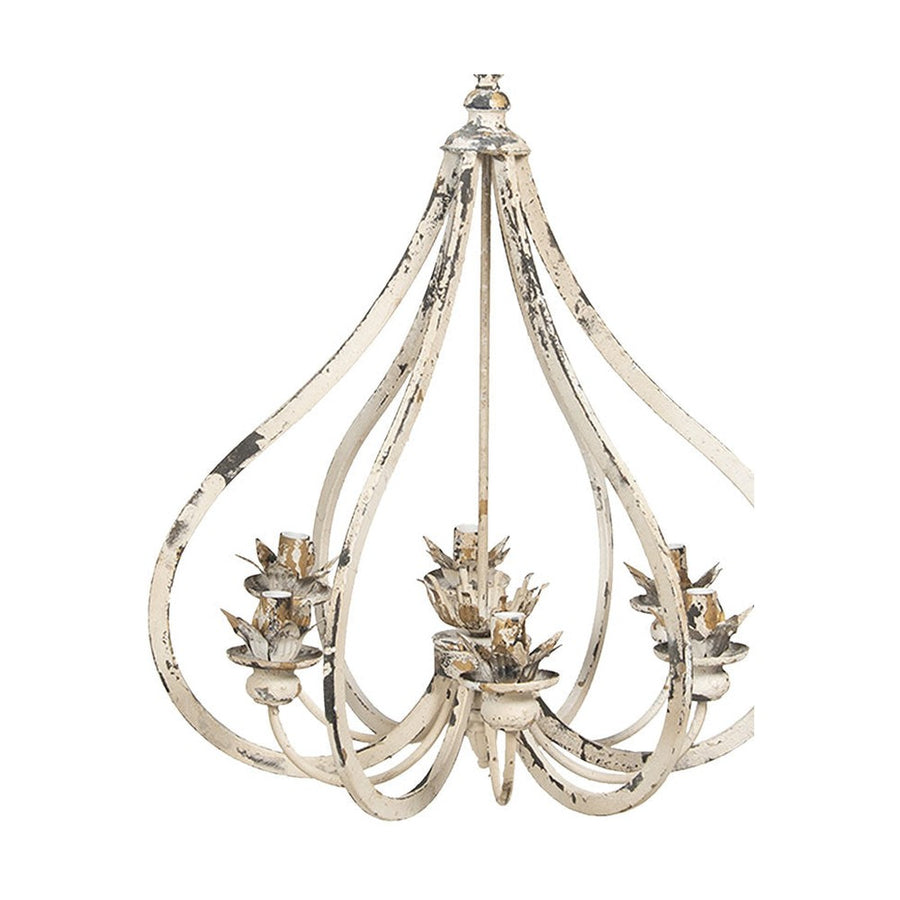 Shabby Chic stílusú, 63 cm hosszú és 72 cm magas, levelekkel díszített, antikolt krémszínű, hatkarú fém csillár