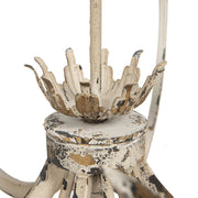 Shabby Chic stílusú, 63 cm hosszú és 72 cm magas, levelekkel díszített, antikolt krémszínű, hatkarú fém csillár