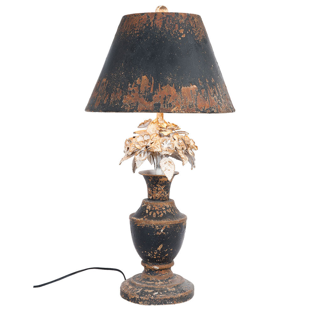 Shabby Chic stílusú, patinás, antikolt fémből készült, nagyméretű asztali lámpa.