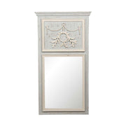 Prémium kategóriás, 120 cm magas, Shabby Chic stílusú, bézs és szürke színű, antikolt felületű, barokkos frízzel díszített kazettás falitükör