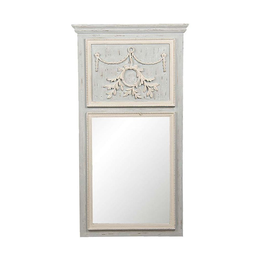 Prémium kategóriás, 120 cm magas, Shabby Chic stílusú, bézs és szürke színű, antikolt felületű, barokkos frízzel díszített kazettás falitükör