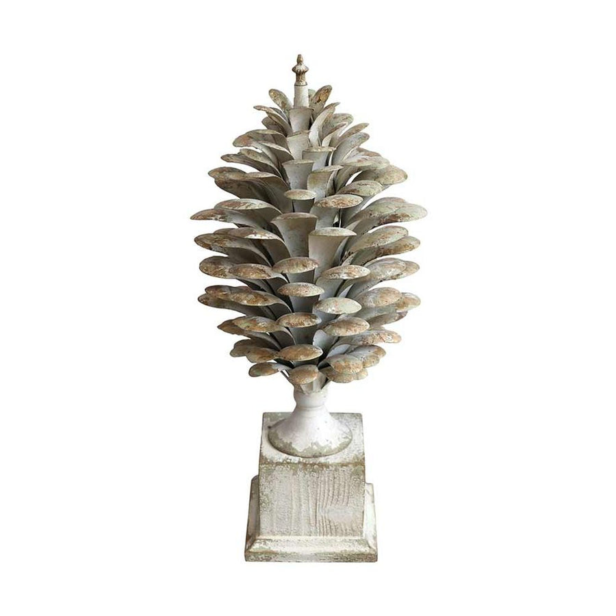 Shabby Chic stílusú, 67 cm magas, antikolt krémszínű, patinás felületű, fém toboz dísz talapzaton.