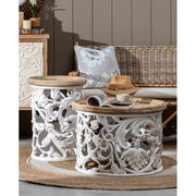 Shabby Chic stílusú, kör alakú, kézműves fenyőfa dohányzóasztal