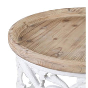 Shabby Chic stílusú, kör alakú, kézműves fenyőfa dohányzóasztal