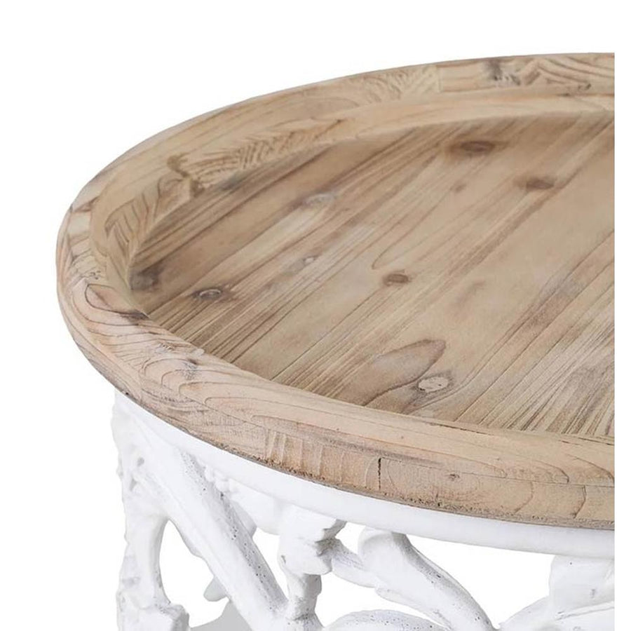 Shabby Chic stílusú, kör alakú, kézműves fenyőfa dohányzóasztal