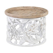 Shabby Chic stílusú, kör alakú, kézműves fenyőfa dohányzóasztal