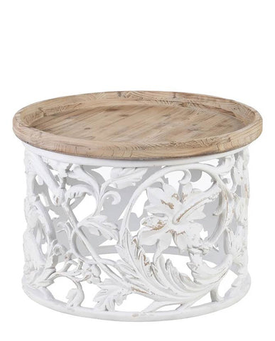 Shabby Chic stílusú, kör alakú, kézműves fenyőfa dohányzóasztal