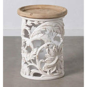 Shabby Chic stílusú, kör alakú, kézműves fenyőfa kisasztal