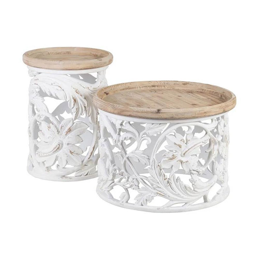 Shabby Chic stílusú, kör alakú, kézműves fenyőfa kisasztal