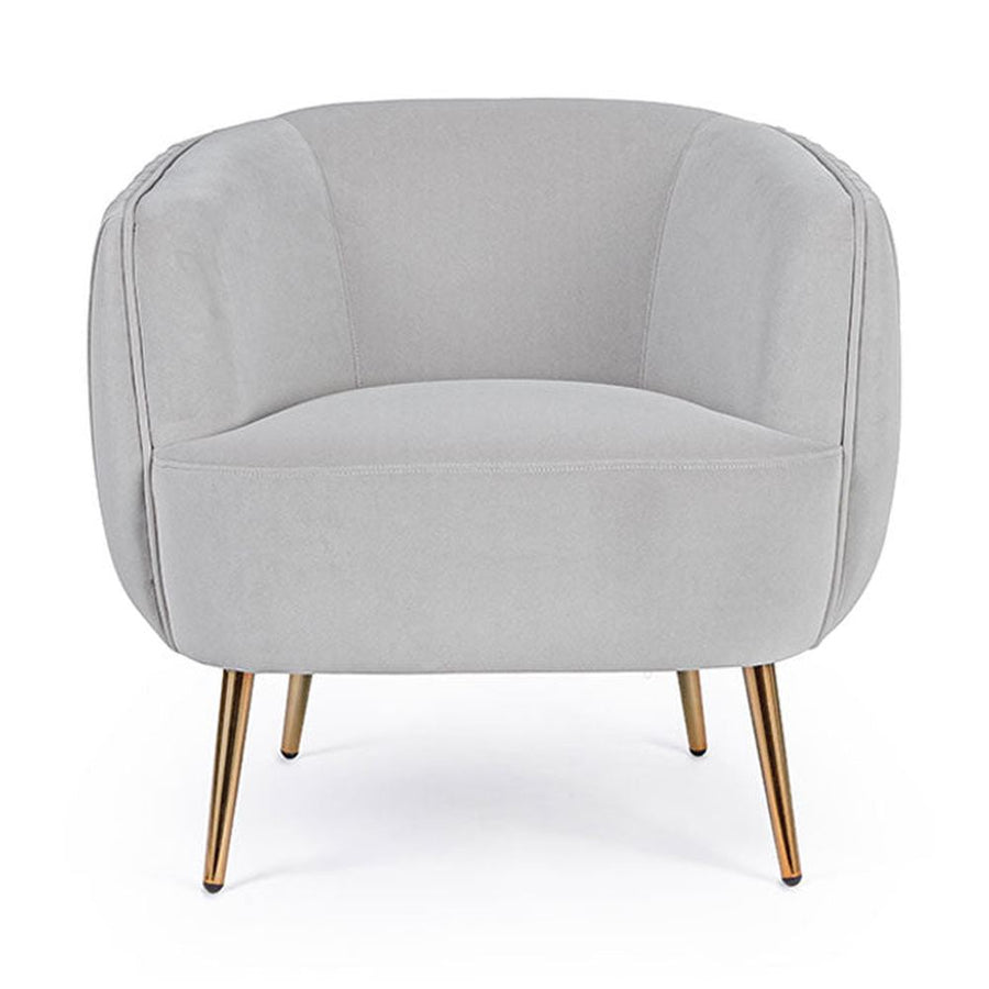 Skandináv stílusú, halványszürke színű bársonnyal kárpitozott fotel, arany színű fém lábakkal.