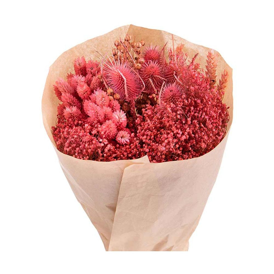 Natúr színű papírba csomagolt, 30 cm átmérőjű és 50 cm magas, vegyes kialakítású fáradt korall színű szárított gyógynövénycsokor