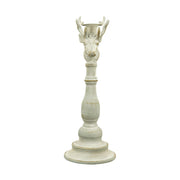 Vintage stílusú, rusztikus patinás felületű, antik fehér színű, szarvasfejjel díszített fém gyertyatartó.