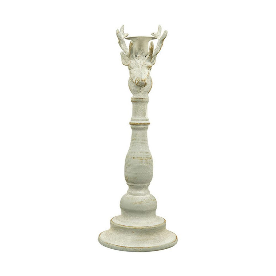 Vintage stílusú, rusztikus patinás felületű, antik fehér színű, szarvasfejjel díszített fém gyertyatartó.